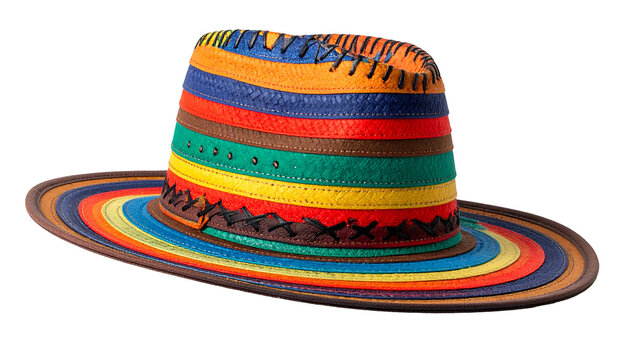 Colorful fedora with rainbow bands, stitching, and a wide brim. Isolated on black