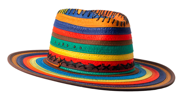 Colorful fedora with rainbow bands, stitching, and a wide brim. Isolated on black - Powered by Adobe