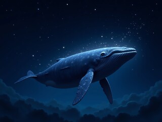 Fototapeta premium Whale swimming in starry deep blue ocean.