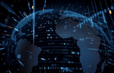 digital world map made of binary code and numbers, digital illustration concept with global network and connectivity symbolized by the earth in silhouette on a black background Generative AI - Powered by Adobe