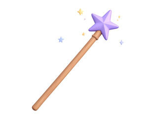 3D Magic Wand with Purple Star and Golden Sparkles on Black Background