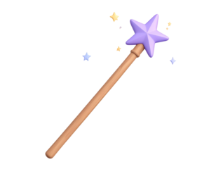 3D Magic Wand with Purple Star and Golden Sparkles on Black Background