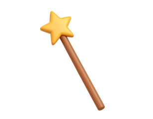 3D Rendered Magic Wand with Yellow Star and Wooden Handle Isolated on Black Background
