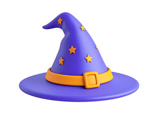 Purple Wizard Hat with Orange Stars and Belt, 3D Render for Halloween and Magic Themes