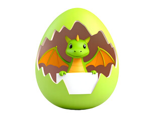 Adorable 3D baby green dragon hatching from a vibrant green egg, holding a blank white sign for your custom text or message.