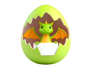 Adorable 3D baby green dragon hatching from a vibrant green egg, holding a blank white sign for your custom text or message.