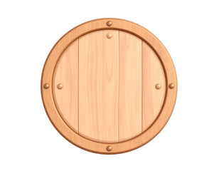 Round Light Wooden Barrel Top or Decorative Shield with Planks and Rivets on Black Background
