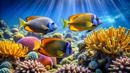 Obraz premium Vibrant Reef Inhabitants Three Tropical Fish Gracefully Swim Amidst a Lush Coral Garden Bathed in Sunlit Water