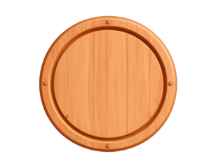 Round Wooden Sign Board or Barrel Lid Illustration with Rivets, Empty Rustic Wood Texture on Black Background