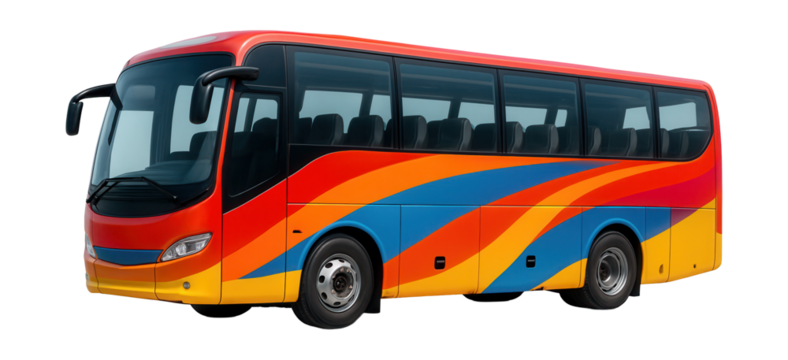 Colorful tourist bus featuring spacious side-view windows.