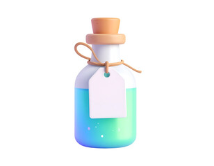 3D Render of Stylized Magic Potion Bottle with Glowing Blue-Green Liquid and Blank Tag
