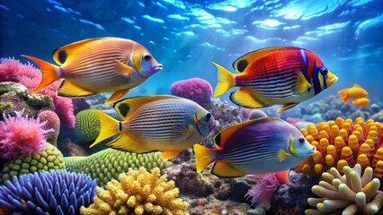 Obraz premium Vibrant Reef Inhabitants Gracefully Swimming Amidst a Kaleidoscope of Coral