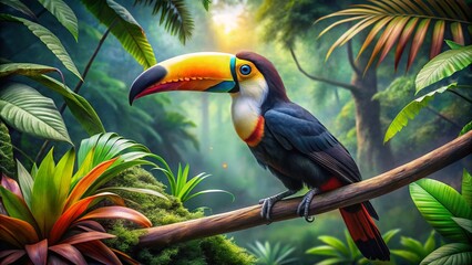 Colorful exotic toucan with a huge orange bill on a tree branch in the tropical Brazilian rainforest jungle