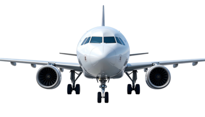 Head-on shot of a white passenger jet, showing cockpit, engines, and wings against a dark background