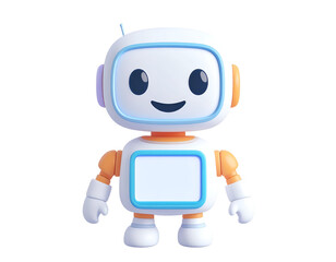 Smiling 3D white robot character with blue and orange details, standing isolated on a black background, representing AI and modern technology.
