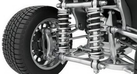Detailed close up view of heavy duty vehicle suspension system and tire isolated on transparent background