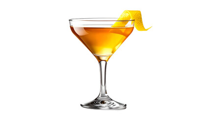 A golden cocktail in a stemmed glass with lemon twist garnish against a black backdrop