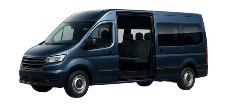 Compact minibus featuring a sliding side door and tinted windows.
