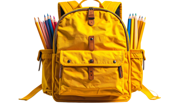 A bright yellow backpack is overflowing with colorful pencils, ready for learning
