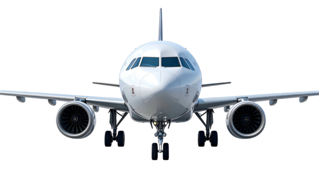 Head-on shot of a white passenger jet, showing cockpit, engines, and wings against a dark background