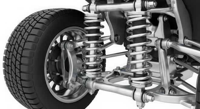Detailed close up view of heavy duty vehicle suspension system and tire isolated on transparent background