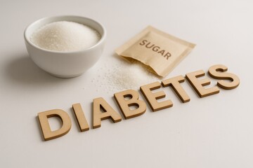 Sugar and Diabetes Concept with Granulated Sugar in Bowl and Sugar Packet on White Surface