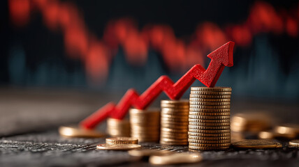Growth and progress illustrated by red arrow rising above coins with financial chart behind