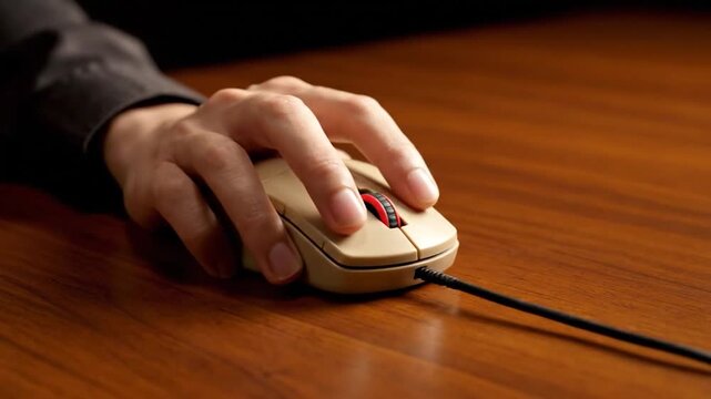 A person's hand using a wired computer mouse on a wooden surface. Close-up shot