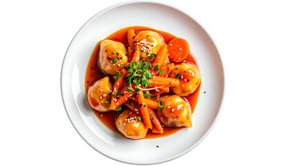 Dumplings and carrots in a glossy, amber sauce on a white plate, garnished with sesame seeds