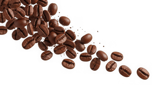 Pile of roasted coffee beans isolated on transparent background for coffee lovers