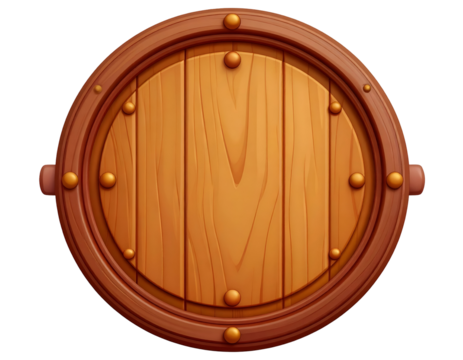 Cartoon Wooden Barrel Lid with Gold Studs on Black, Stylized Round Wood Panel for Game UI or Rustic Design