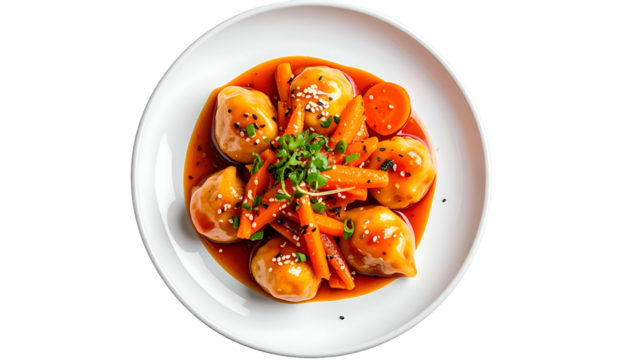 Dumplings and carrots in a glossy, amber sauce on a white plate, garnished with sesame seeds