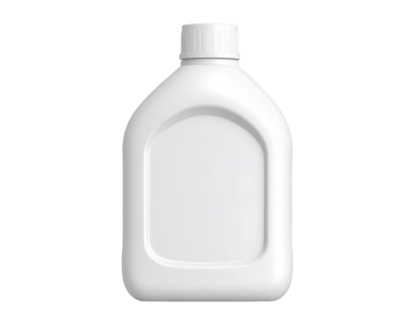White plastic bottle with screw cap and blank label space isolated on a black background, packaging mockup.
