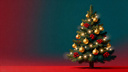 Decorated Christmas tree with lights and ornaments. Festival advertising banners, Holiday greeting cards, Website hero background with copy space, Seasonal marketing visual