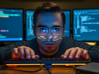 A male programmer front side lit by PC lights effects