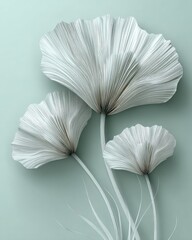 Three Silver Floral Leaves On Light Teal Background