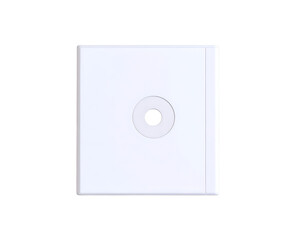 Minimalist White Square Electronic Device with Central Black Circular Element on Black Background