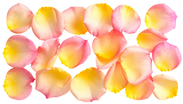 A cluster of delicate rose petals, gradient hues of yellow and pink, black background