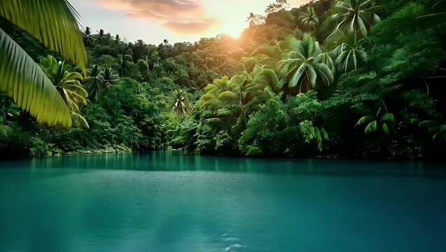 Sunlight reflecting on calm lake surrounded by tropical jungle and trees
