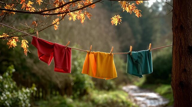 Colorful clothes drying under autumn leaves.