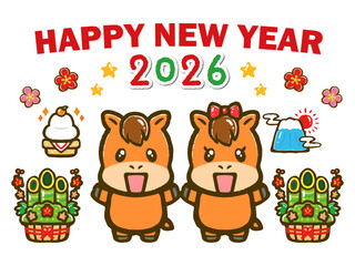 2026年を祝うかわいい馬の落書き風イラスト素材3