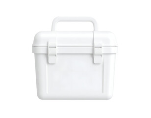 Empty White Plastic Storage Container with Handle and Latches Isolated on Black Background