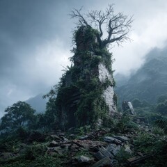 Overgrown Ruined Tower In Misty Forest
