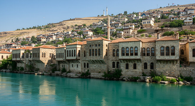 Historical riverside architecture in Halfeti, Turkey offering a tranquil view along Euphrates