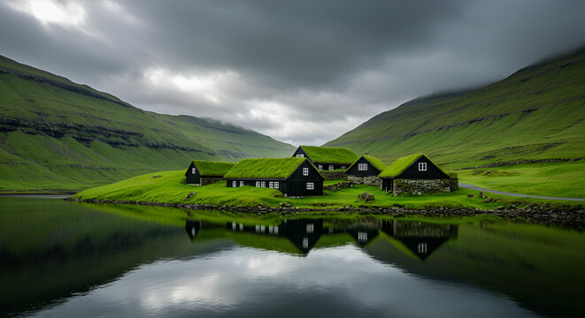 Idyllic Village of Saksun in the Faroe Islands with Grass-Roofed Houses