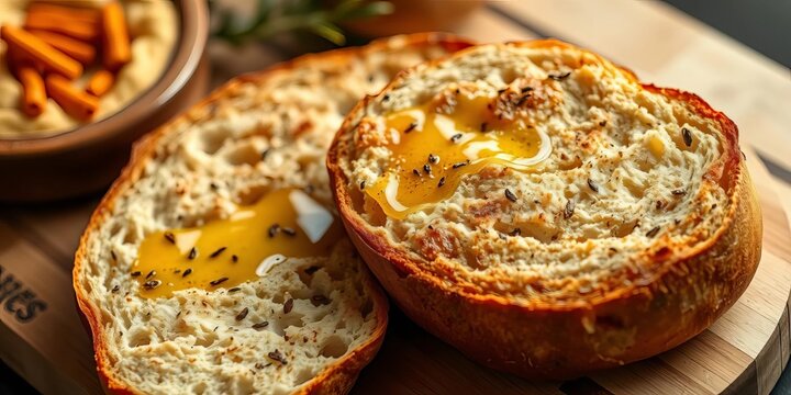 Warm crusty bread, olive oil drizzle, aromatic spices, spices, still life