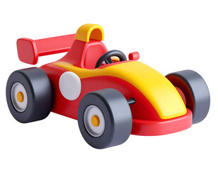Red and yellow 3D rendered toy race car with a spoiler, isolated on a black background, ideal for concepts of speed, racing, and childhood play.