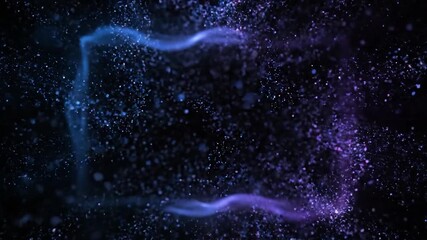 A dark scene with glowing blue and purple shapes and a burst of particles in the center - Powered by Adobe