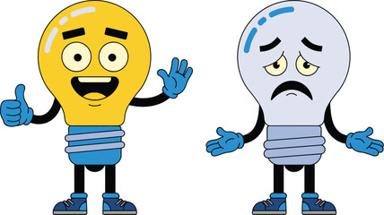 Happy and sad light bulbs cartoon characters vector illustration
