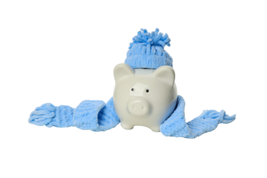 Cozy piggy bank promotes winter savings, isolated on white, PNG